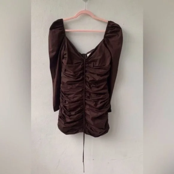 ZARA Women Studio. Chocolate Brown Long sleeve Ruched Mini Dress. Size M. Sexy! - Picture 8 of 11